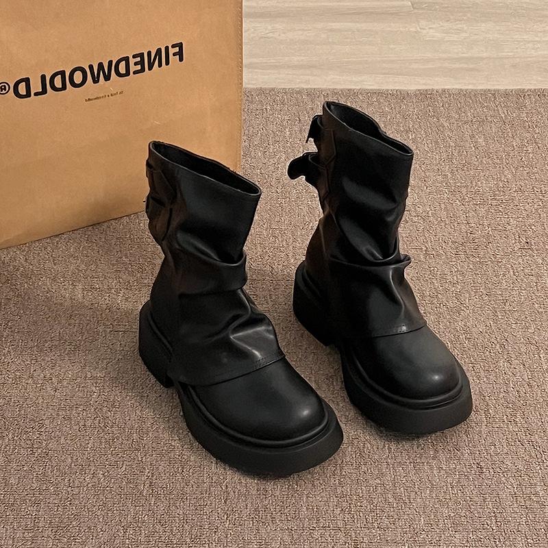 

thick-soled brown stacking boots women s single boots 2025 new autumn and winter British style Martin boots western trouser tube short boots women 35 чёрный