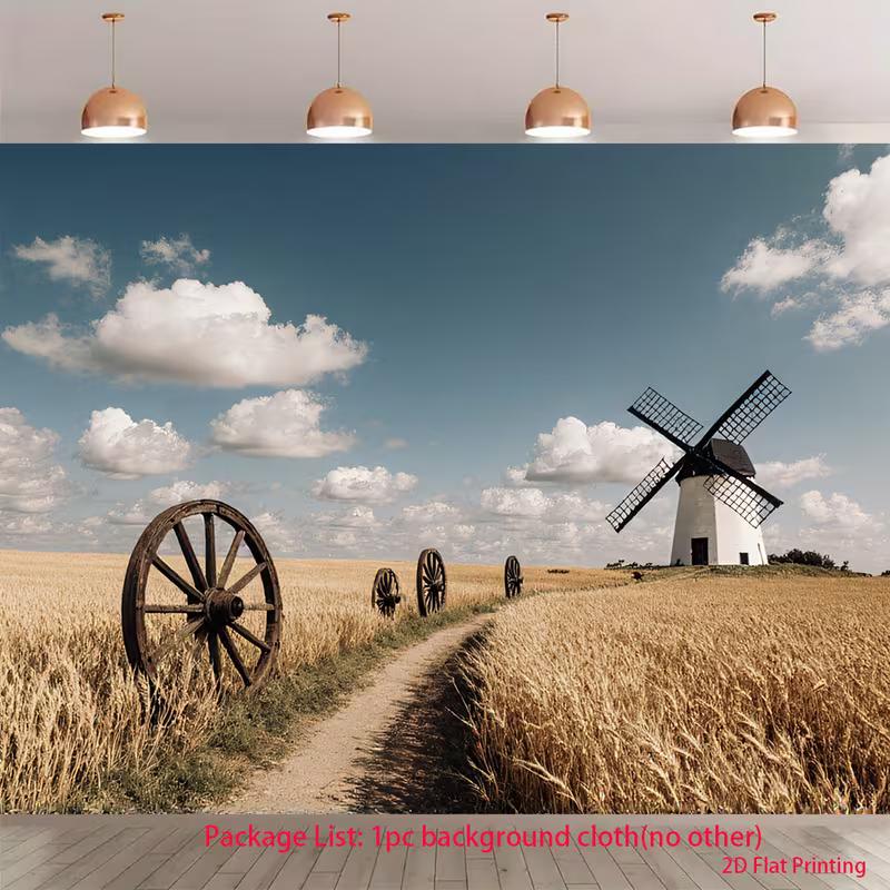 

2D Farm Windmill Backdrop Rustic Wheat Field Path Country Party Background Cloth 47.2x31.5inch/120*80cm