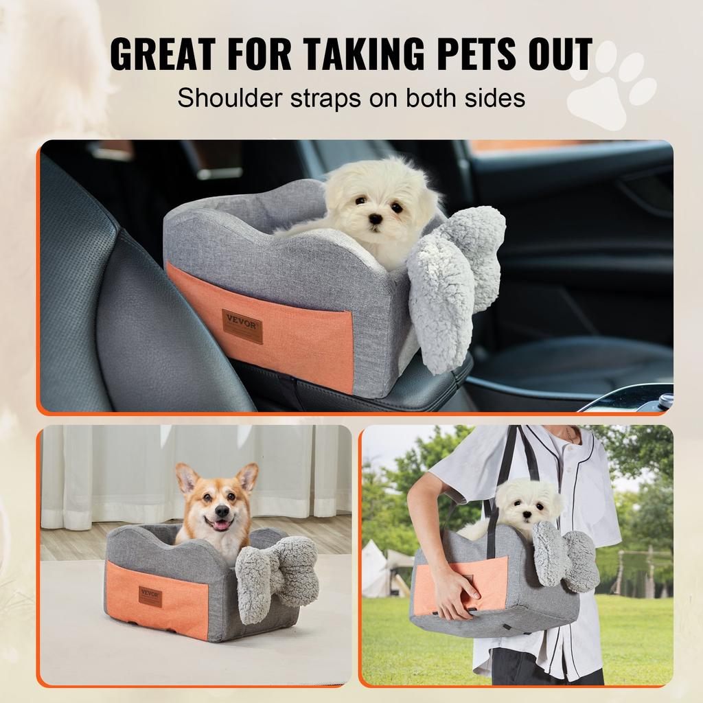 VEVOR Console Dog Car Seat, Center Console Dog Booster Seat for Small Dog, Pet Car Seat for Car Armrest with Clip-On Leash, Adjustable Straps