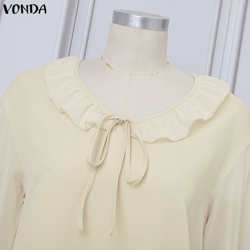 VONDA Summer Women Round Neck Long Sleeve Floral Patchwork Pleated Long Dress