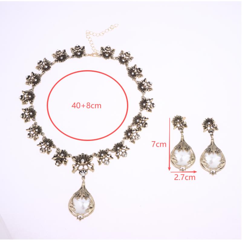 1Set Medieval Vintage Luxury Suit Earrings Zircon Flowers Pendant Pearl Retro Necklace Jewelry Gift For Women Ornament