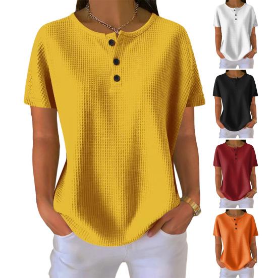 Dámské topy Kulatý výstřih Knoflíky Poloviční léga Krátké rukávy Ležérní topy Jednobarevné Volný střih Vaflová textura Letní tričko