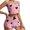 2 Pcs/Set Women Summer Pajamas Suit Adjustable Strap Sleeveless Heart Print Crop Top Shirring Edge High Waist Shorts Bedroom Sleepwear Set EMA