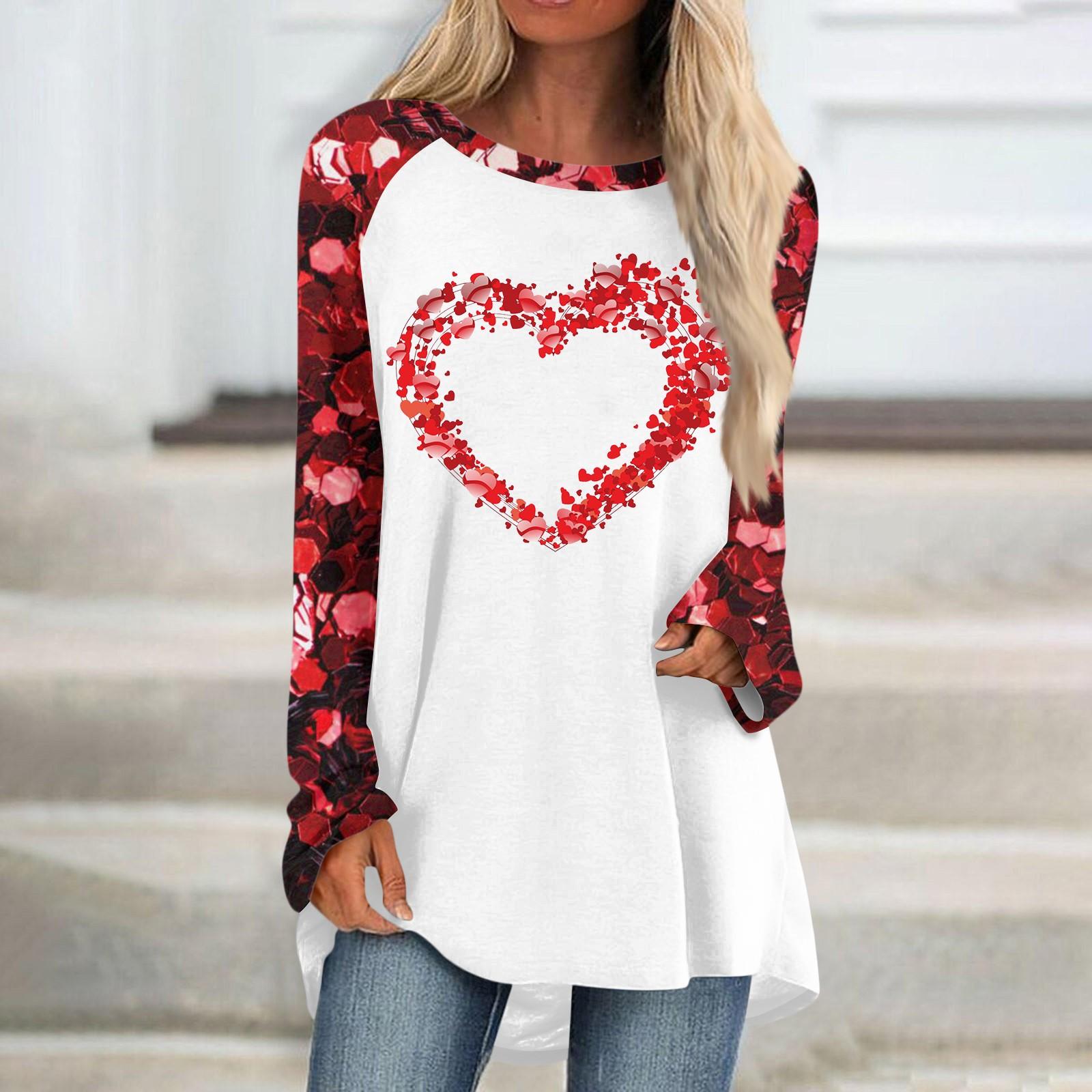 

Женский модный универсальный топ с длинным рукавом и средней длиной с принтом в виде сердечек ко Дню святого Валентина XL арбуз красный