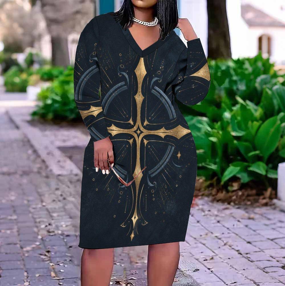 Women Plus Size V Neck Long Sleeve Red Blue Printed Fitted Straight Hem Dress