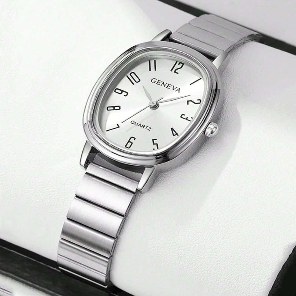 6pcs/Set-Fashion Trendy Steel Strap Bamboo Knot Watch Shining Square Dial Ring Necklace Set - Retro Style