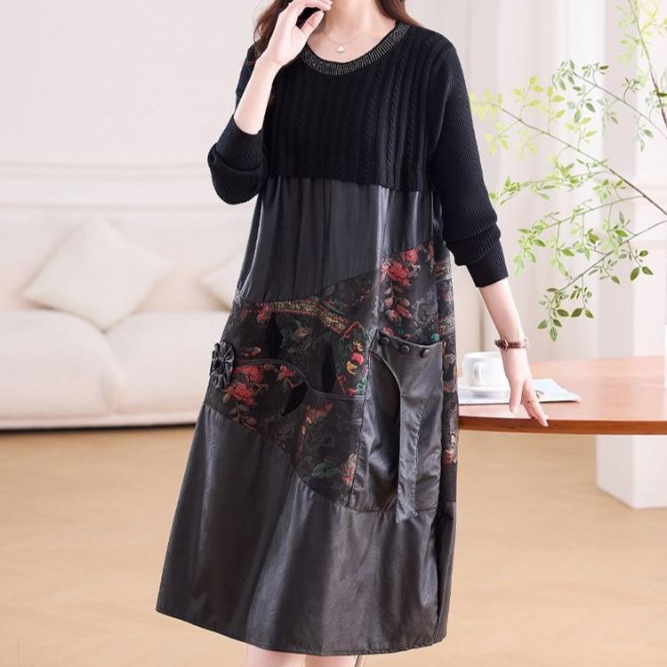 Women's long Sweater Dress Knitted Patchwork PU Leather A-Line Dress Plus Size Knitted Dress for Autumn and Winter ...
