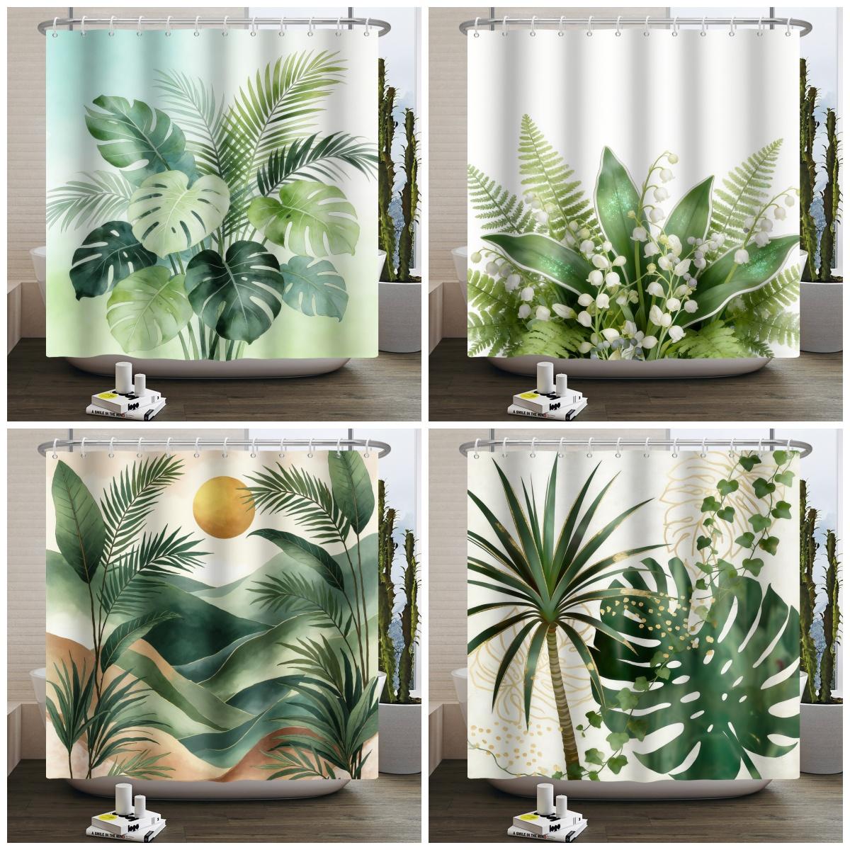 Jessica Chen Green Tropical Plant Shower Curtain Leaf Palm Monstera Pattern Waterproof Fabric Bath Curtain With Hooks Modern Bathroom Decor