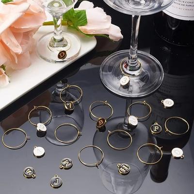 26Pcs Letters Pendant Wine Glass Charm Rings Metal Wine Glass Hoops  Necklace Jewelry Accessories