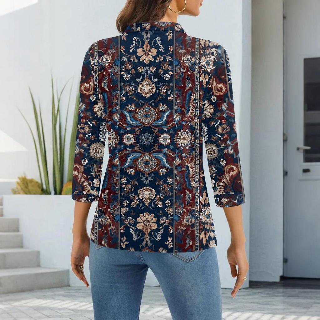 Women's Fashion Casual Lapel Short 3/4 Sleeve Print Shirt Women's Button Up Tops