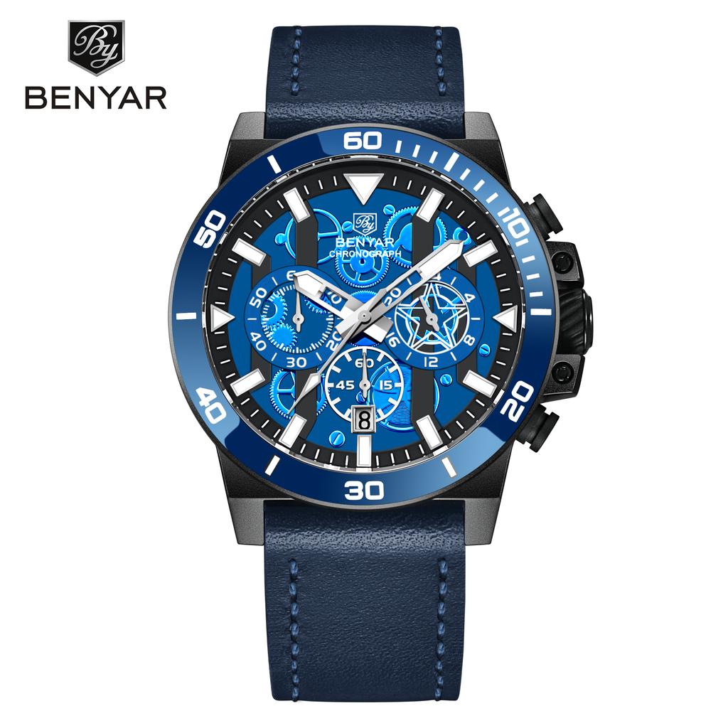 BENYAR Men's Quartz Watch Sapphire Chronograph Waterproof Clock Leather Simple Relogio Masculino Watches BY5197