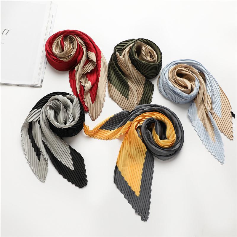 70*70cm Soft Neckerchief Two Color Splicing Decorative Headscarf Women's Hijab Scarves Crinkled Pleated Silk Scarf Satin Hijab