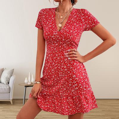 Letné dámske splývavé šaty A-Line Sladké elegantné kvetinové volániky Bandáž s výstrihom do V Krátke šaty pre Lady Chic Flowers Mini šaty