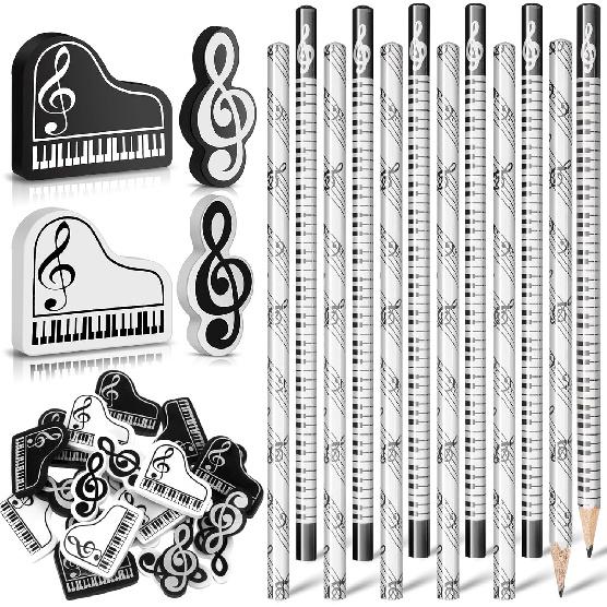 24 Pcs Music Pencils Music Note Pencil and Erasers Piano Recital Gifts Wood Piano Keyboard Erasers Bulk Musical Party Favors for Students Teachers 24