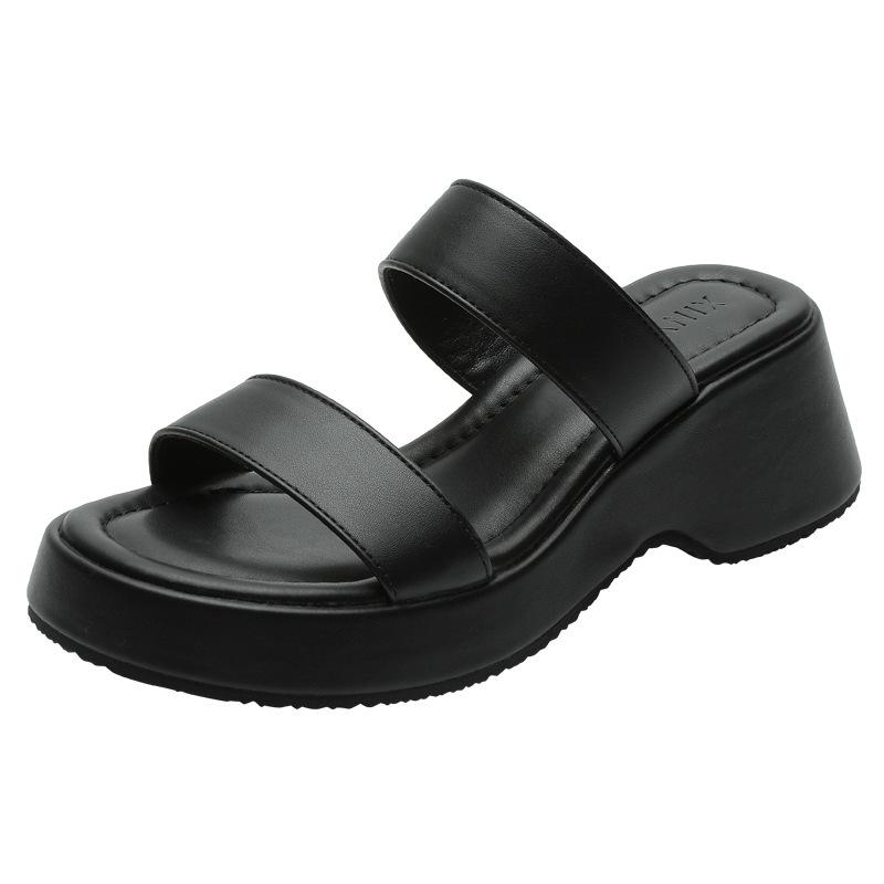 Thick-soled muffin wedge slippers summer wear French temperament fashion versatile one-word open-toe high-heeled beach shoes