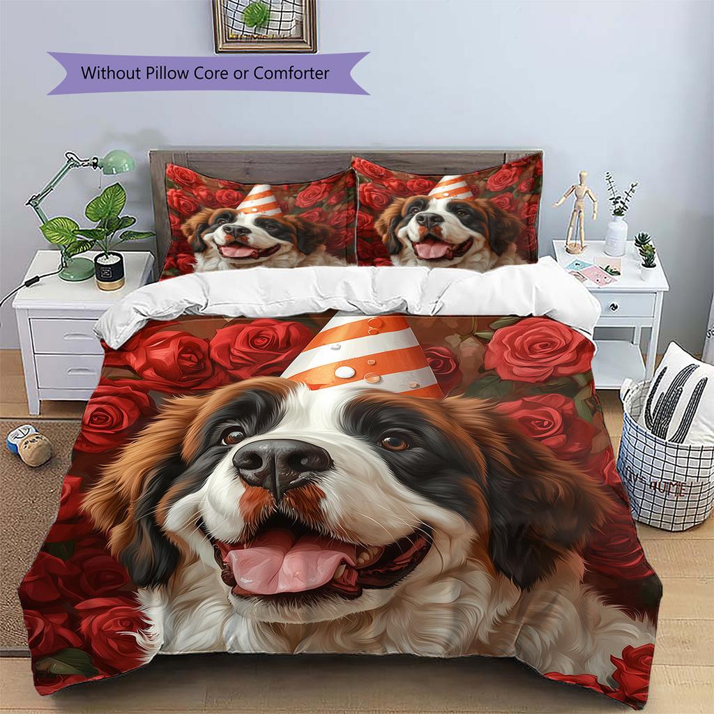 Rose Dog with Birthday Hat Pattern Bedding Quilt Set Home Decoration Gift (1 * duvet cover + 2 * pillowcase without core)