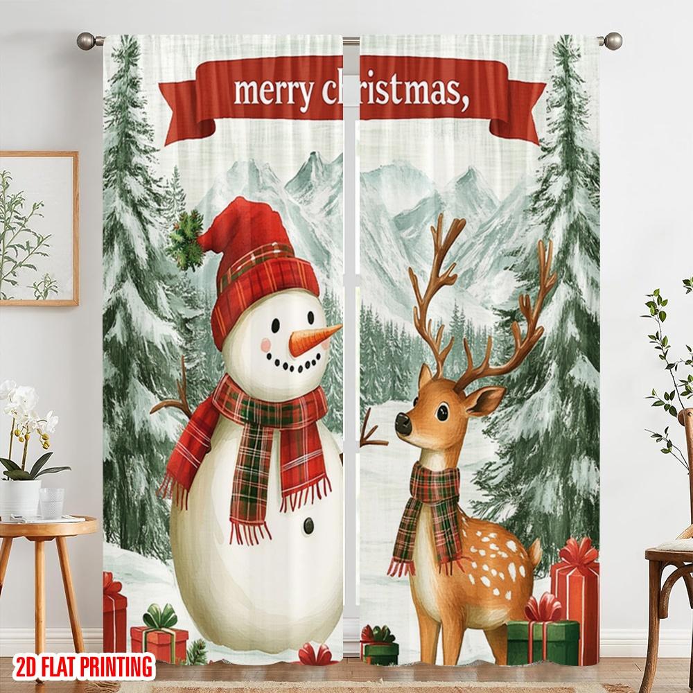 2pcs,2D plane printing Minimalist Curtains Cute Deer Snowman Christmas Winter (2) Durable 100% Polyester Fabric (without rod)