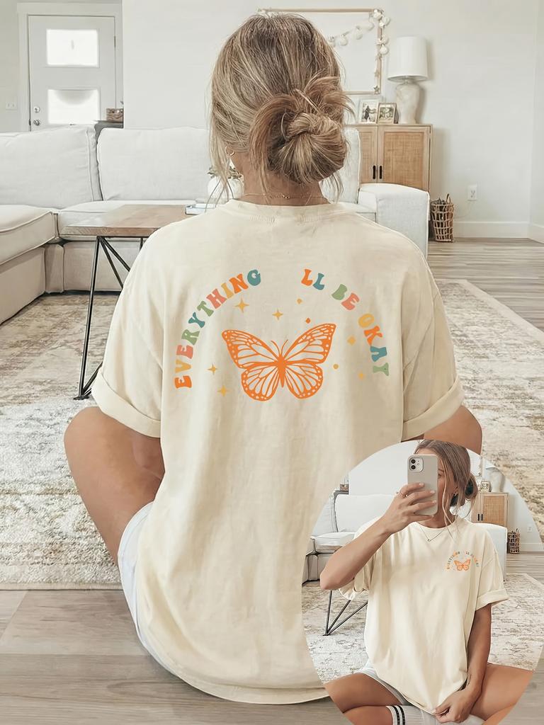 Plus Size Summer Womens Butterfly Letter Print TShirt Cotton Breathable Stylish Versatile Street Style Oversized