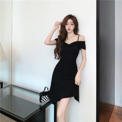Irregular Design Sense Niche Sexy One-word Shoulder Pure Desire Spice Girl Slim and Thin Advanced Sense Suspender Dress Woman