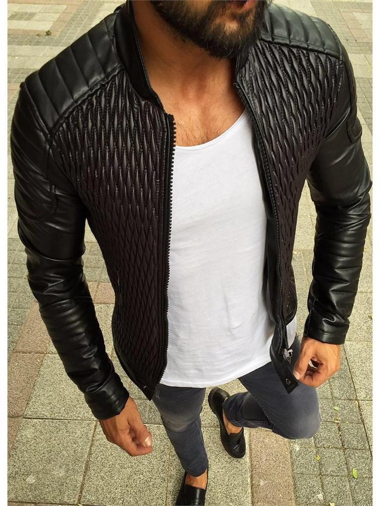 Herren Motorradjacke mit Stehkragen - PU-Leder mit Rautenmuster, Große Größen, Europäischer & Amerikanischer Rockstil