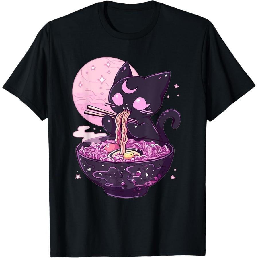Figured Goth Aesthetic Black Cat Eating Ramen Noodles T-Shirt Funny Kawaii Creepy Cat T-Shirt XXXXXL разноцветный