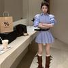 Women's Preppy Plaid Shirt Dress: Blue & White, Long Sleeve, Padded Shoulder, A-line, High Waist, Pleated, Early Autumn