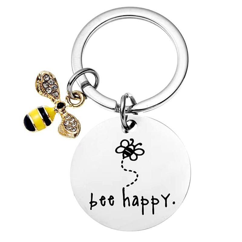 1Pcs Stainless Steel Bee Round Brand Keychain Backpack Car Key Accessories Decoration