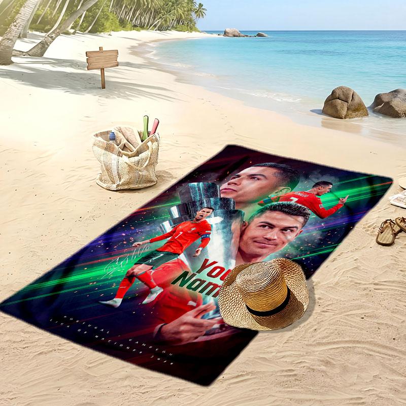 Asciugamano da Spiaggia Personalizzato Stampato Cristiano Ronaldo Logo Calcio Supporto Nome Personalizzato Testo Asciugamano Assorbente Per Sport Viaggio Regalo Speciale