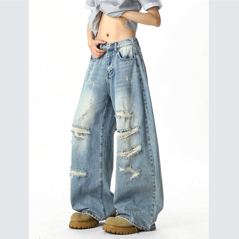 Retro blue ripped jeans men's summer thin washed old ripped pants American high street straight pants