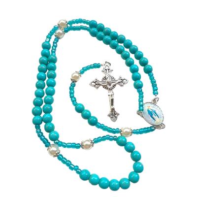 Chapelet Catholique Bleu Turquoise Chaîne Collier avec Pendentif Crucifix en Métal Bijoux Religieux Cadeau pour Hommes et Femmes