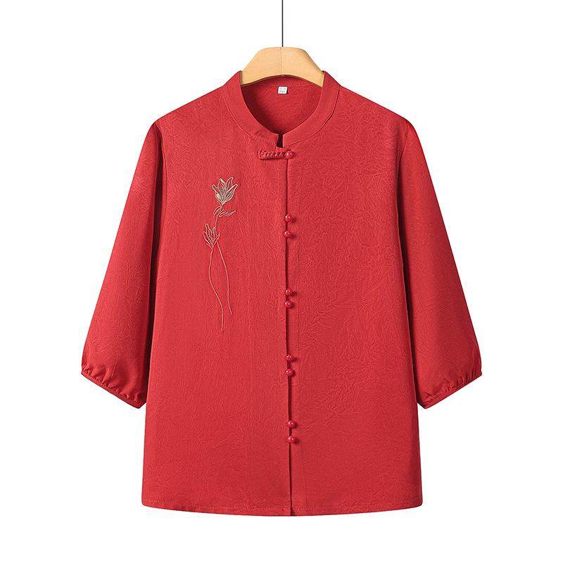 Plus-Size Chinese Style Seven-Sleeve Cardigan Shirt for Middle-Aged and Elderly Women