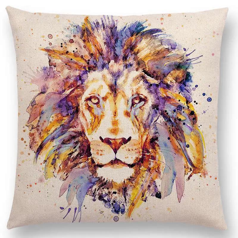 Watercolor Animals Cushion Cover Portrait Head Bighorn Lion Leopard Tiger Bear Eagle Horse Dogs  Home Sofa Throw Pillow Case