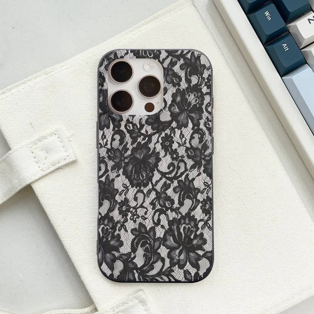 Black Lace Pattern Personalized Mobile Phone Case For IPhone 17 16 15 11 12 13 14 Pro Max Soft Corrugated Silicone Cover Case