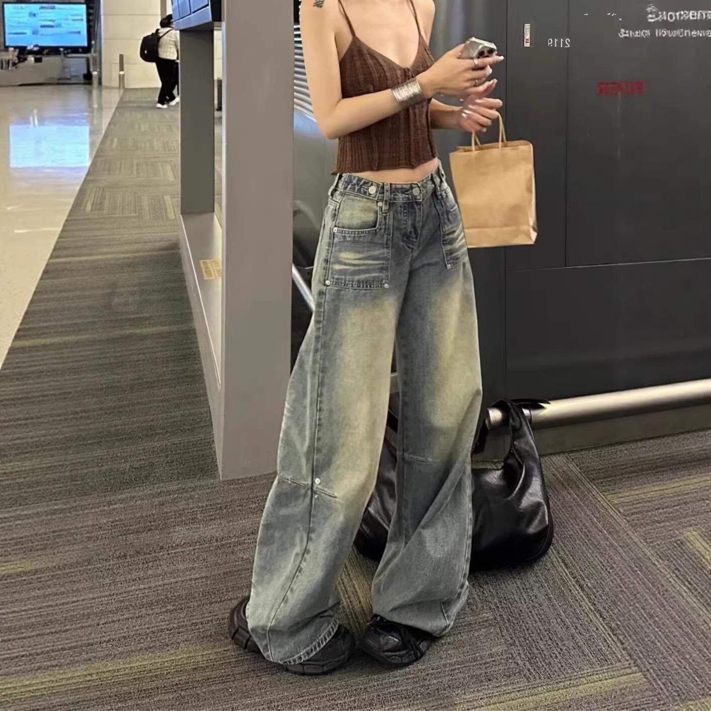 American high street retro low-rise wide-leg jeans for women s spring and autumn loose and thin washed old straight floor-mopping pants S