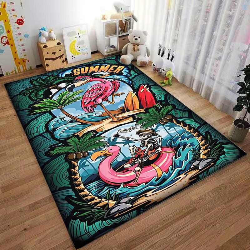 Summer Flamingo and Pirate Skeleton Tropical Cartoon Carpet Design Suitable for Use As an Anti-slip for Living Room Bedroom Sofas