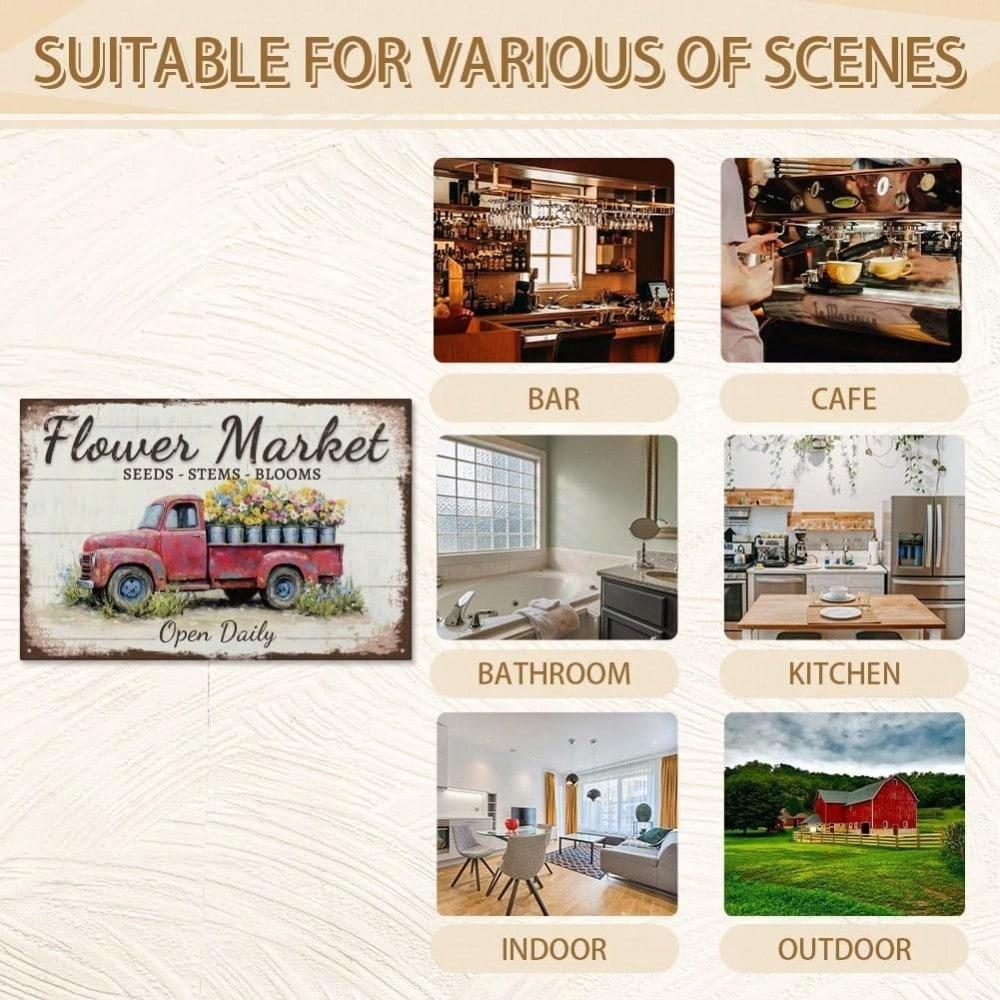 Rustic Floral Market Metal Plaque, Vintage "Open Daily Flower Truck" Decor, Home Art Accent for Gardener & Farmhouse Fans