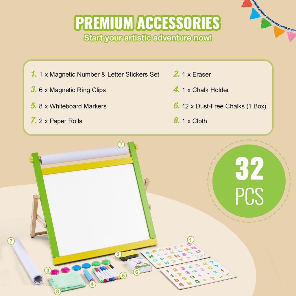 3-in-1 Tabletop Kids Art Easel Double-Sided Magnetic Whiteboard Chalkboard
