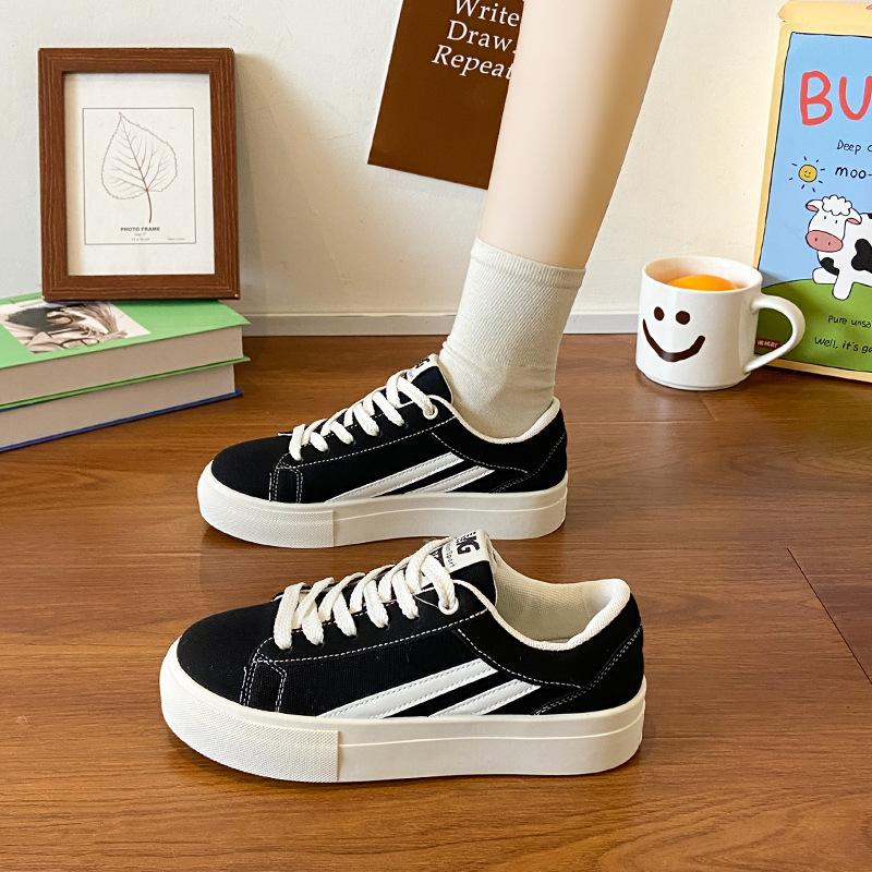 Trend Fashion Thick Baseplate Shoes Women's Spring Summer Regular Versatile Round Head Shallow Mouth Lace-up Canvas Sports and Leisure Board Shoes
