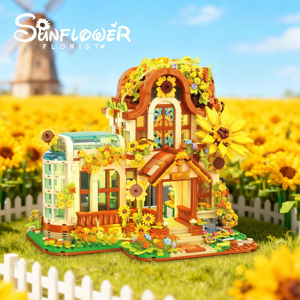 1583Pcs Sunflower Flower Shop Creative Ornament Moc Building Blocks Set With Lights, Educational Assembly Toy For Kids, Birthday