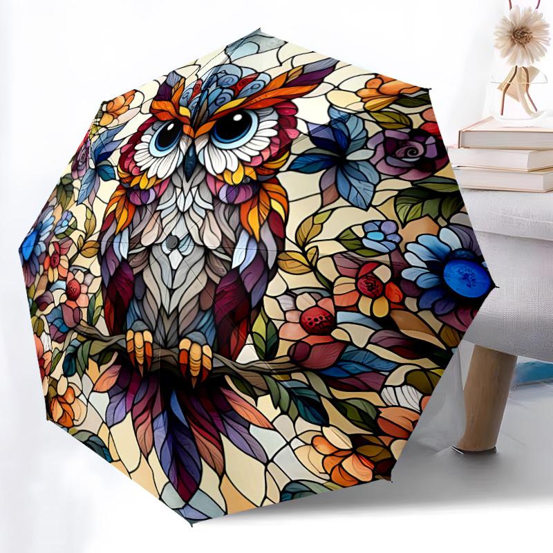 1pc Stained Glass Owl Automatic Folding Umbrella - 8-Rib Compact Travel Umbrella Durable & Portable for Outdoor Use, Perfect Gift for Birthdays150