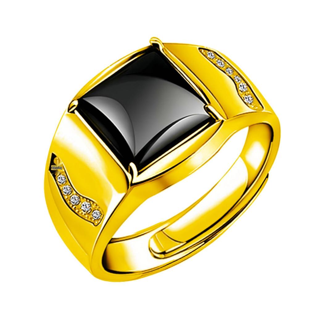 Men's Adjustable Black Agate Square Ring with Black Diamond - Korean Style and Smooth Finish