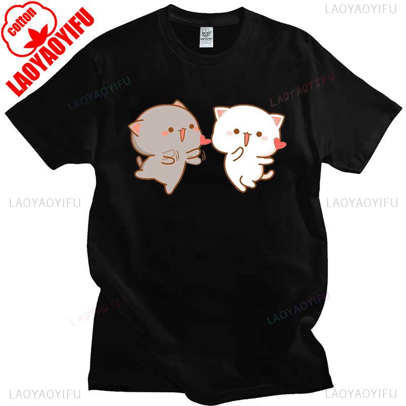 Pfirsich Katze Goma und Mochi Selfie T-Shirt Sommer Baumwolle Kurzarm T-Shirts Niedlicher Druck T-Shirt Mode Harajuku Lustige Partner Tops