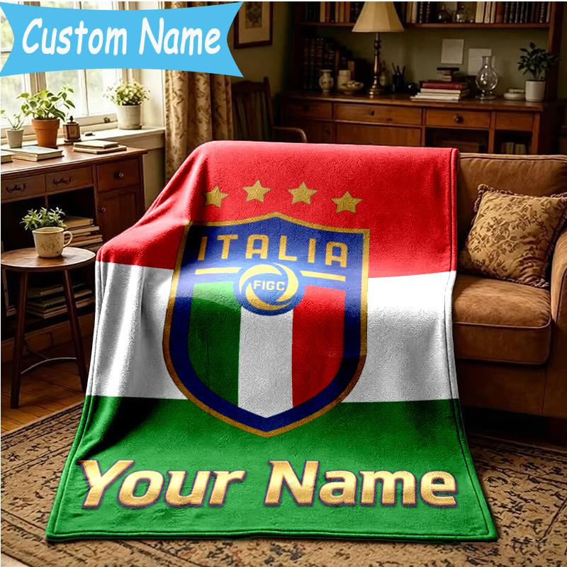 Custom Name Italy Football Crest Blanket Flannel Blanket for Camping, Hiking, Garden Parties, Picnic Essentials,gift for family and friend