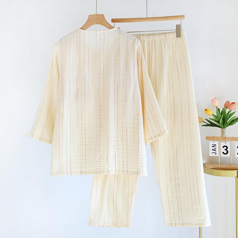 2025 New Spring/Summer Women's Pajama Set 100% Cotton with Chest Mat Long Sleeve Long Pants Round Neck Two Piece Home Clothes