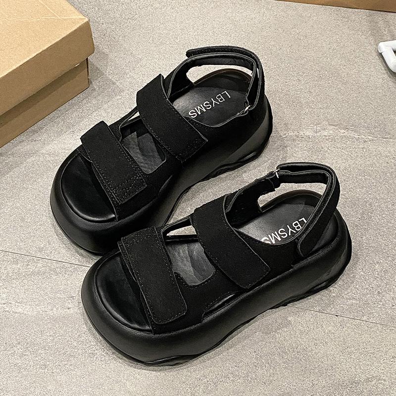 Fashion Platform Beach Shoes Suede Leather Round Head Peep Toe Hook & Loop Thick Bottom Casual Sandals Top Quality