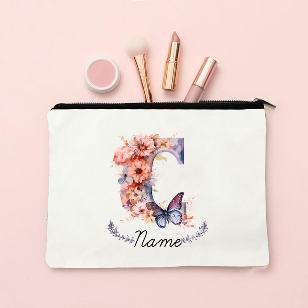 Personalized Initial with Name Makeup Bag for Women A-Z Cosmetic Bags Girls Travel Toiletry Pouch Wedding Birthday Gift for Her