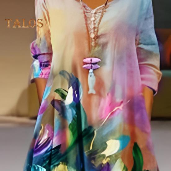 Spring Fall Dress with Pockets Vintage Flower Printing V Neck Irregular Layerd Hem Loose A-line Maxi Dress for Daily Work Party