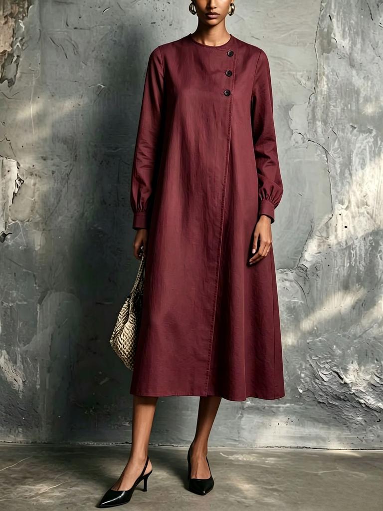 European and American autumn and winter temperament dress women, round neck button decorative zipper long sleeve loose dress