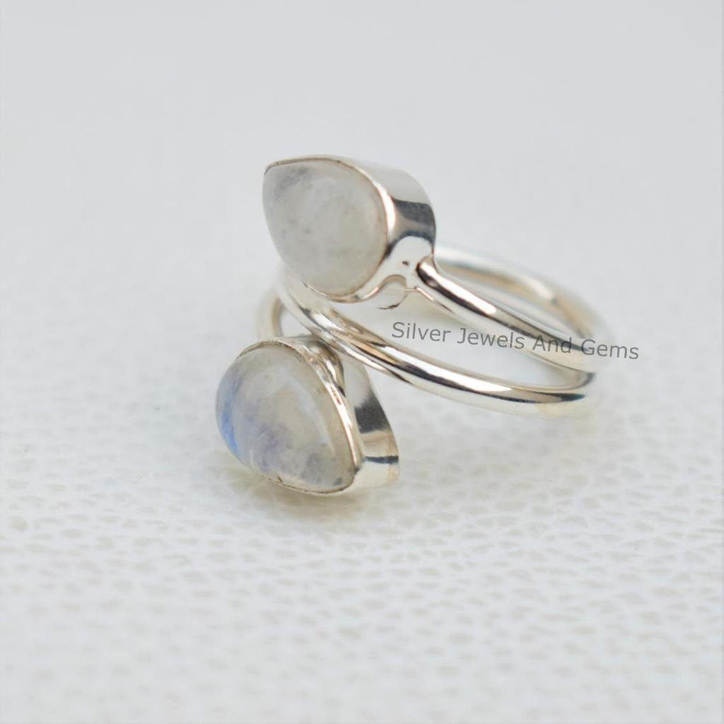 Natural Moonstone Ring, Handmade Ring, 925 Sterling Silver Ring, Teardrop Two Gemstone Ring, Gift for Her, Birthday Ring