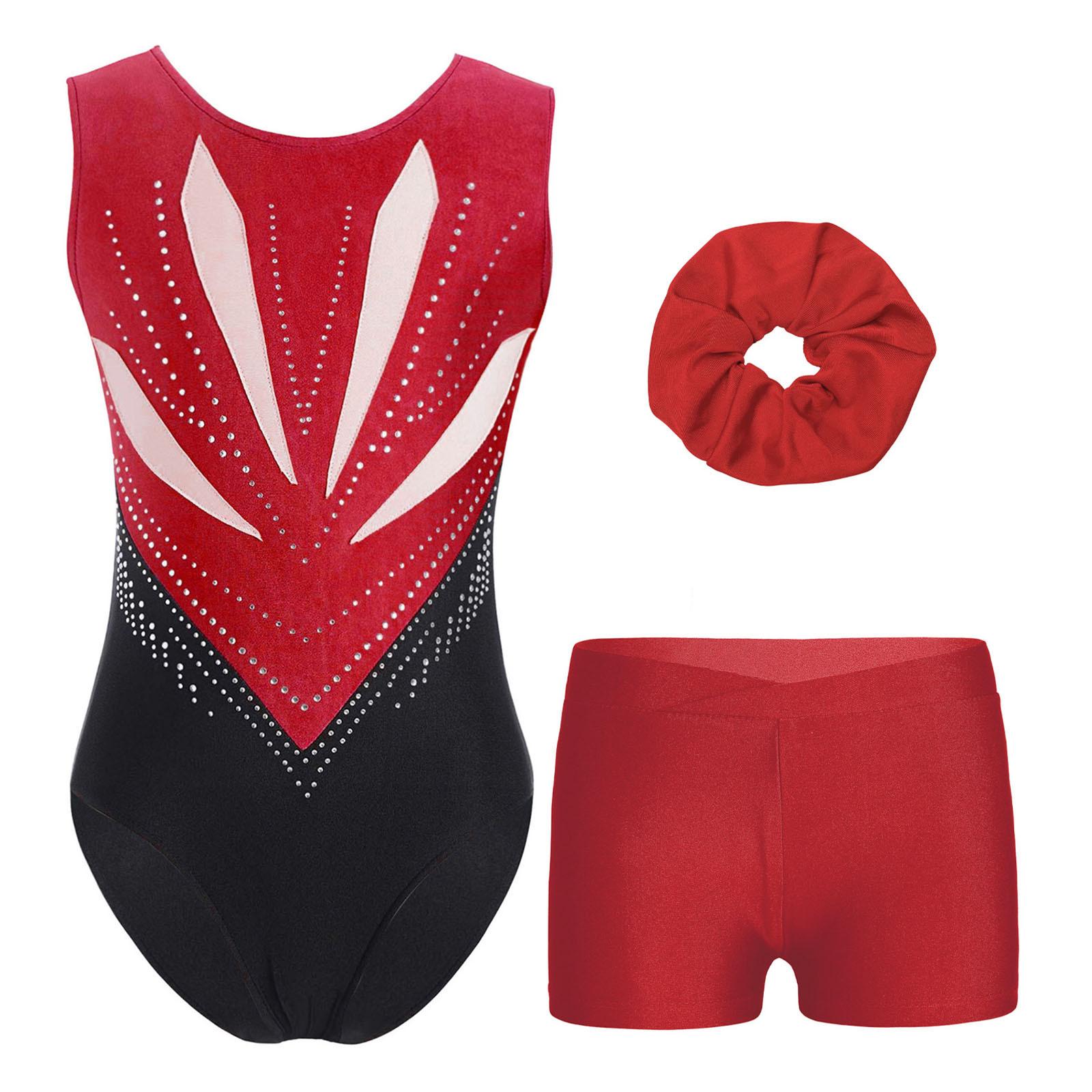 

Girls Gymnastics Dance Set Sleeveless Cutout Back Sparkly Rhinestones Leotard V Waistband Shorts Hair Band 5-6 Years бордовий
